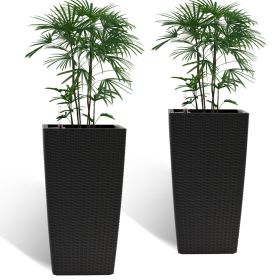 Square Planter for Indoor or Outdoor Use, 22-Inch High Faux Rattan Design Flower Pot with Automatic Watering System for Porch, Patio, Backyard