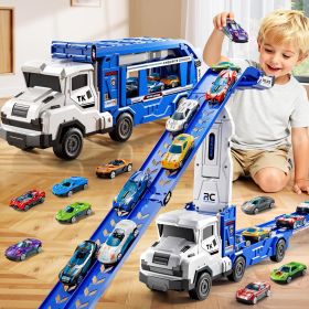 Toddler Car Truck Toys for 3 4 5 6 7 8 Years Old Boys, Transporter Truck Toy Track Set with 12 Die-Cast Car Toys